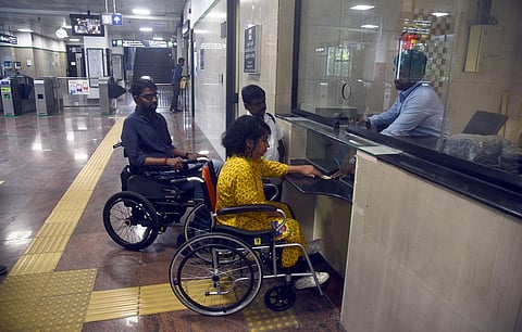 Members of various disability-rights organisations inspected the Ekkattuthangal metro station in Chennai. (Photo | Martin Louis, EPS)