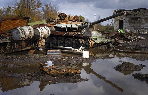 Russian tanks damaged in recent fighting are seen near the recently retaken village of Kamianka, Kharkiv region, Oct. 30, 2022. (Photo | AP)
