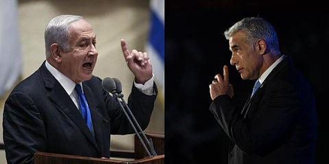 The battle for Iraeal's next leader will see former Former Prime Minister Benjamin Netanyahu, (L), go up against incumbent Yair Lapid in a closely fought elections. (File Photo | AP)