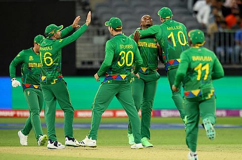 South African players celebrate after the dismissal of India's KL Rahul .(Photo | AFP)