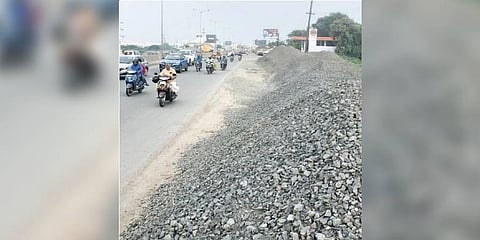 The road-widening works on the national highway are moving at a snail’s pace. A scene near Velappanchavadi in Chennai | Martin Louis