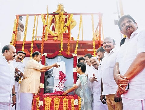 Ministers pay homage to the statue of Pasumpon Muthuramalinga Thevar on his 115th birth anniversary at Nandanam in Chennai on Sunday | R Satish Babu