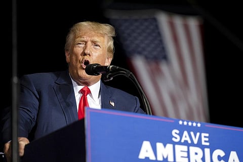 Former President Donald Trump speaks at a rally at the Minden Tahoe Airport in Minden, Nev., Saturday, Oct. 8, 2022. (Photo | AP)