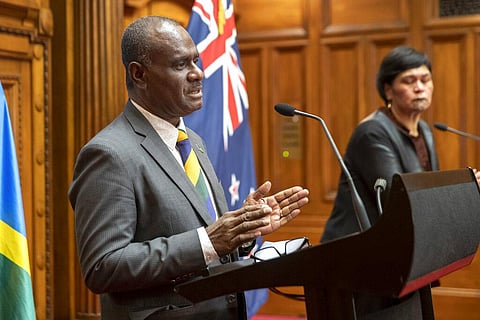 Solomon Islands Foreign Minister Jeremiah Manele, left, and New Zealand Foreign Minister Nanaia Mahuta during their joint media conference at Parliament in Wellington, New Zealand. (Photo | AP)