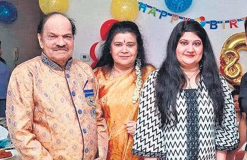 Atlas Ramachandran, wife Indu and daughter Dr Manju at his 80th birthday gathering in Dubai. (File Photo)
