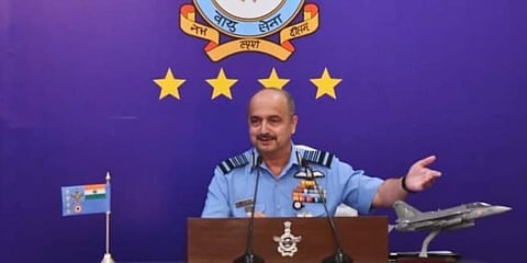Chief of Air Staff, Vivek Ram Chaudhari addresses a press conference in New Delhi. (Photo | Shekhar Yadav)