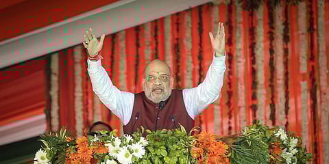 Union Home Minister Amit Shah addresses a public rally, in Rajouri district, Tuesday, Oct. 4, 2022. (Photo | PTI)