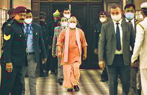 In this file image, CM Yogi Adityanath arrives to attend the UP Assembly session in Lucknow. (Photo | PTI)