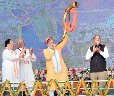 PM Narendra Modi addressed his public meeting in the local dialect and congratulated the people on Vijayadashami in Bilaspur on Wednesday | Express