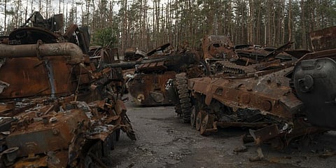 Destroyed Russian equipment is placed in an area at the recaptured town of Lyman, Ukraine, Wednesday, Oct. 5, 2022. (Photo | AP)
