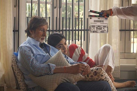 Amitabh Bachchan and Rashmika Mandanna on the sets of 'Goodbye.' (Photo | Twitter)