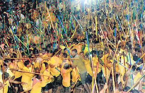 Devotees take part in stick during Banni fight of Wednesday | express