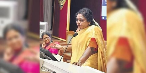 Puducherry Lieutenant Governor Dr Tamilisai Soundararajan speaks at an event in Coimbatore on Thursday | Express