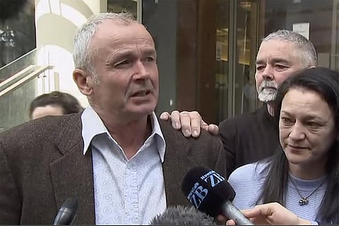 In this image made from a video, Mark Ellis, left, brother of Peter Ellis, speaks to the media outside a court in Wellington Friday, Oct. 7, 2022. (Photo | AP)