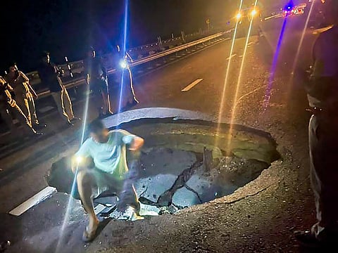 A portion of the Purvanchal Expressway caved in following heavy rains, in Sultanpur, on Oct. 6, 2022. (Photo | PTI)