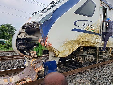 Vande Bharat Express train, running between Mumbai Central and Gandhinagar, suffers damages after a collision with a herd of buffaloes, on the railway line. (Photo | PTI)