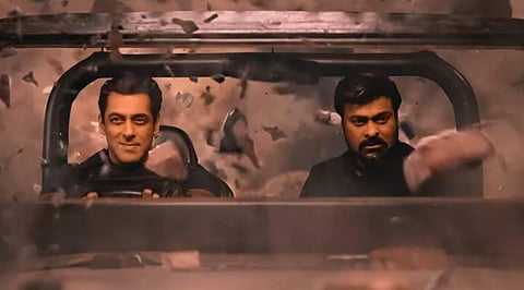 A still from the newly released Telugu film 'GodFather' starring Chiranjeevi in the lead and featuring Salman Khan in an extended cameo.