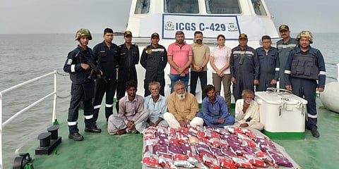 Indian Coast Guard, in joint ops with ATS Gujarat, apprehended a Pakistani boat Al Sakar with 6 crew members & 50 kg of heroin worth Rs 350 crore. (Photo | ANI Twitter)