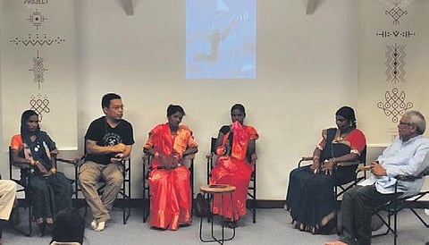 (1) A session with Mushtak Khan (extreme right), indigenous artists including Mangla Bai (second from right) and Mo (second from left); (2) a participant getting tattoed by Mangla Bai; (3, 4 & 5) Ima