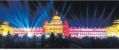 An illuminated Vidhana Soudha ahead of Rajyotsava celebrations in Bengaluru on Monday | Express