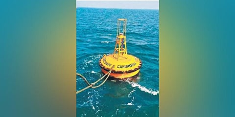 A buoy in sea at Gahirmatha Marine Sanctuary in Kendrapara. (Photo | Express)