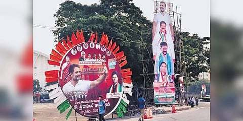 Banners put up at Indira Gandhi statue at the PVNR Marg in Hyderabad to welcome Rahul Gandhi’s Bharat Jodo Yatra | Jwala