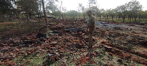 A view of the fireworks unit where a blast was reported at Alagusirai village near Vadakkampatti in Madurai district. (Photo | KK Sundar, EPS)