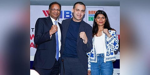 (From left) BFI president Ajay Singh, IBA president Umar Kremlev and reigning world champ Nikhat Zareen.(Photo | BFI)