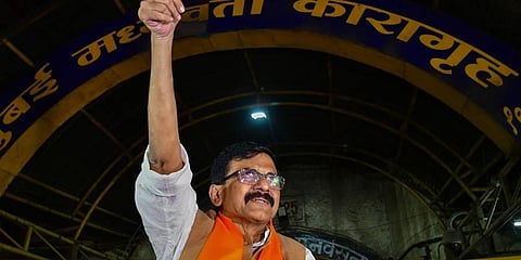 Sanjay Raut following his release from Arthur Road Jail, in Mumbai. (Photo | PTI)