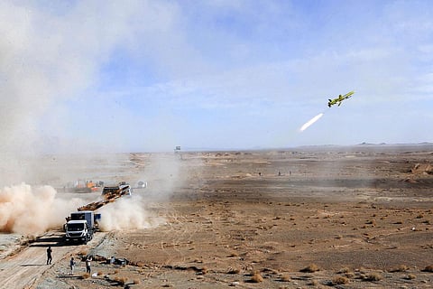 In this photo released on Wednesday, Jan. 6, 2021 by the Iranian army, a drone is launched during a military exercise in undisclosed location in Iran. (File photo | AP)