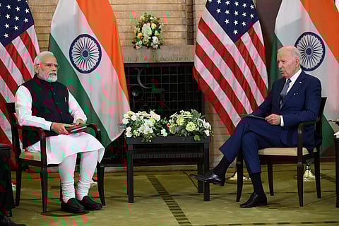 US President Joe Biden and Indian Prime Minister Narendra Modi hold a meeting during the Quad Leaders Summit at Kantei in Tokyo on May 24, 2022. (File Photo | AFP)