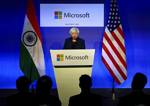 U.S. Secretary of the Treasury Janet L. Yellen speaks at the Microsoft India Development Center in Noida, Nov. 11, 2022. (Photo | AP)