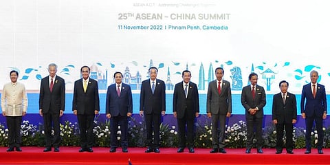 Leaders from the ASEAN regional bloc pose during group photo of the ASEAN - China Summit in Phnom Penh, Cambodia, Nov. 11, 2022. (Photo | AP)
