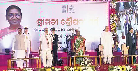 President Droupadi Murmu, Governor Ganeshi Lal, CM Naveen Patnaik, Union Minister Dharmendra Pradhan and Chief Justice S Muralidhar at the civic reception in Raj Bhavan on Thursday | Express