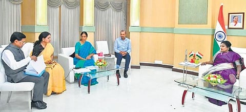 Education Minister Sabitha Indra Reddy and senior education officials address the concerns of Governor Tamilisai Soundararajan regarding the Telangana Universities Common Recruitment Board Bill, 2022,