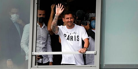 In this file image, Lionel Messi waves after arriving at Le Bourget airport, north of Paris. (Photo | AP)