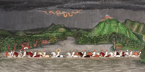 Maharana Fateh Singh crossing a river during the monsoon, ca. 1893