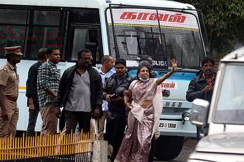 Nalini Sriharan, one of the convicts in the Rajiv Gandhi assassination case, being released from prison. (Photo | S Dinesh, EPS)