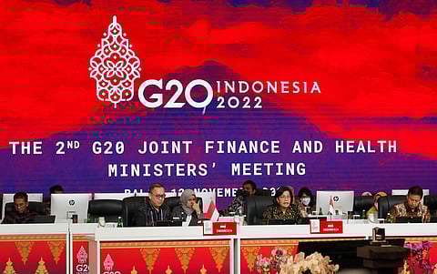 Indonesia's Finance Minister Sri Mulyani Indrawati (2nd-R) delivers a speech during the G20 Finance and Health Ministers meeting in Nusa Dua, 12 November 2022. (Photo | AFP)