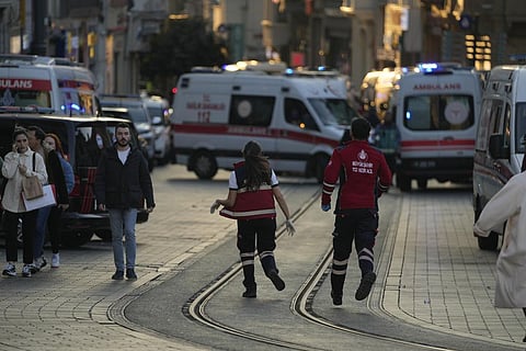 Security and ambulances at the scene after an explosion on Istanbul's popular pedestrian Istiklal Avenue, Sunday, Nov. 13, 2022. (Photo | AP)