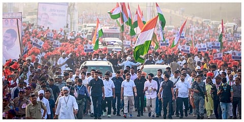 Congress leader Rahul Gandhi with supporters during the party's 'Bharat Jodo Yatra. (Photo |PTI)