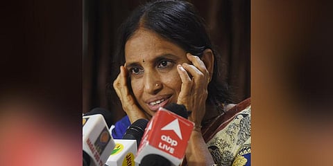 Nalini Sriharan, one of the convicts in the Rajiv Gandhi assassination case, speaks to reporters during a press conference. (Photo | R Satish Babu, EPS)