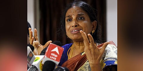Nalini Sriharan, one of the convicts in the Rajiv Gandhi assassination case, speaks to reporters during a press conference after being released from prison. (Photo | R Satish Babu, EPS)