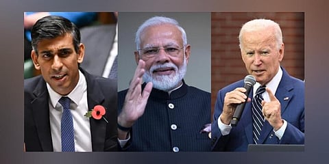 UK PM Rishi Sunak, Indian PM Narendra Modi, and US President Joe Biden. (File Photos | AFP)
