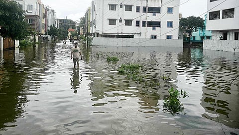Flooded street at Mugalivakkam in Chennai on November 13, 2022. (Photo | Ashwin Prasath, EPS)