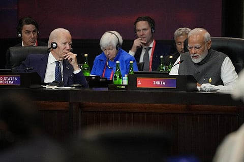 U.S. President Joe Biden, left, and India Prime Minister Narendra Modi during the G20 leaders summit in Nusa Dua, Bali (Photo | AP)