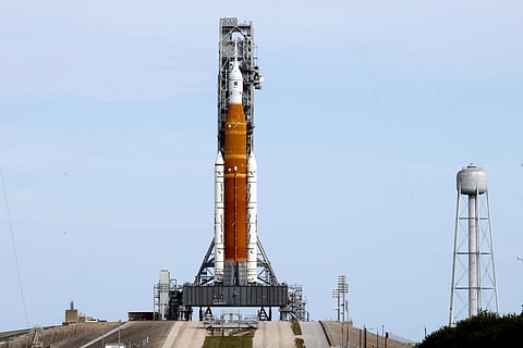 NASA's New Moon rocket is seen at Launch Pad 39B as preparations for launch continue at the Kennedy Space Center (Photo | AP)