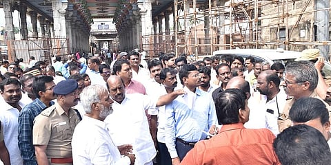 Mnister PK Sekar Babu inspects preparedness for Karthigai Deepam in Tiruvannamalai on Tuesday.(Photo | Express)
