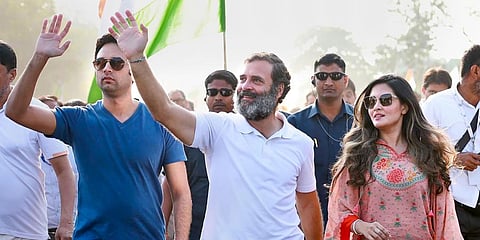 Congress leader Rahul Gandhi with Bollywood actor Riya Sen during the party's 'Bharat Jodo Yatra', in Maharashtra's Akola district. (Photo | PTI)
