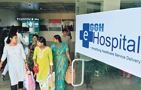 e-hospital signage sticker pasted in the super speciality block of the Government General Hospital in Vijayawada I Prasant Madugula